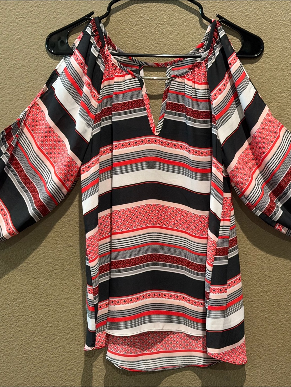A. Byer Red Black and White Striped Cold-Shoulder Blouse